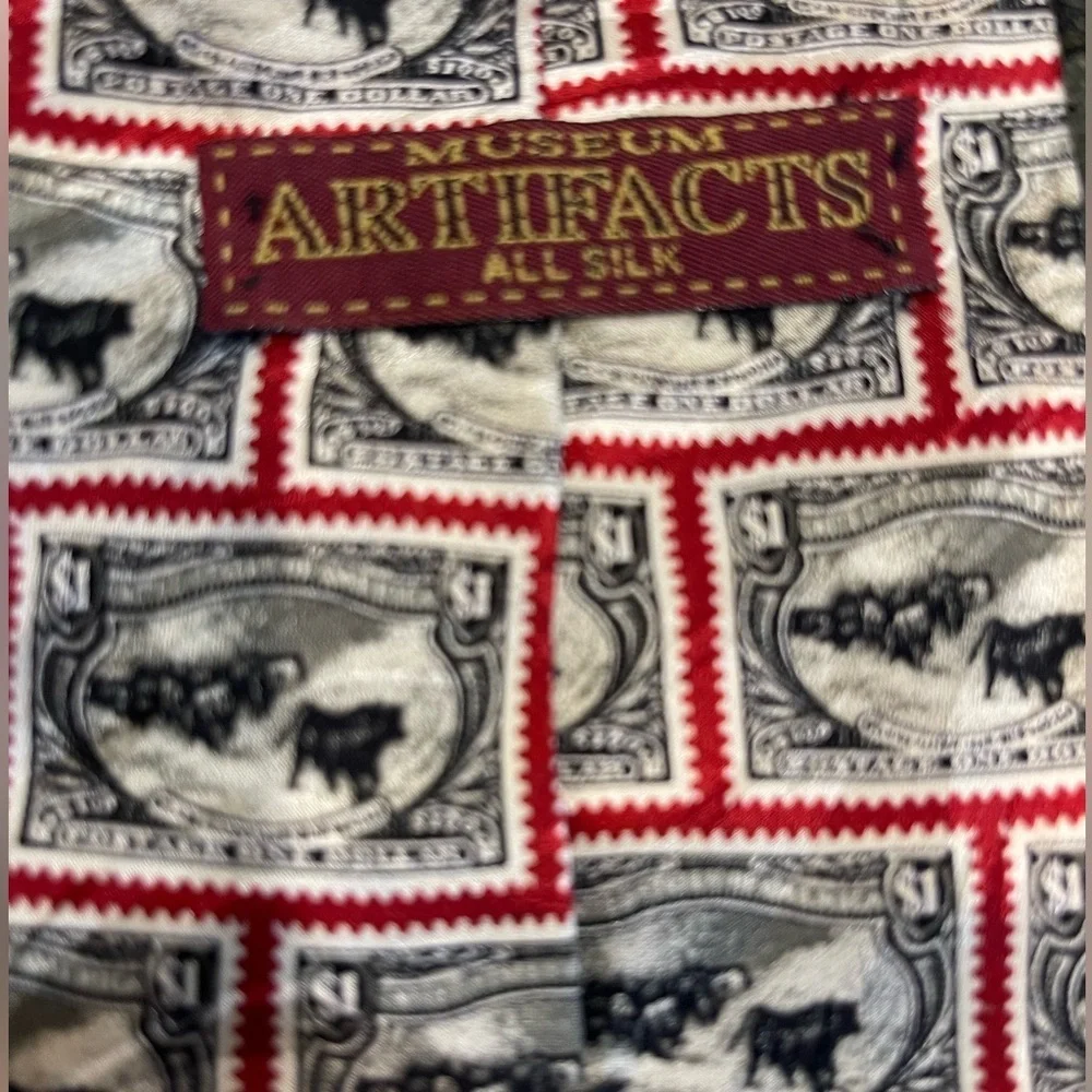 📈📊100% Silk Postage themed tie with $1 stamps. Black, red, white hues